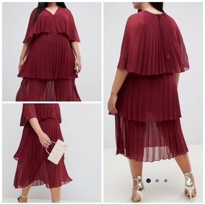 ASOS Curve Soft Pleated Tiered Mid Dress (Oxblood)